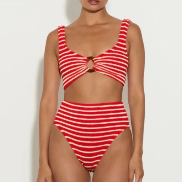 HUNZA G Nadine Striped Bikini Crinkle Stretch Ring Top Red White High Waisted - Picture 3 of 8